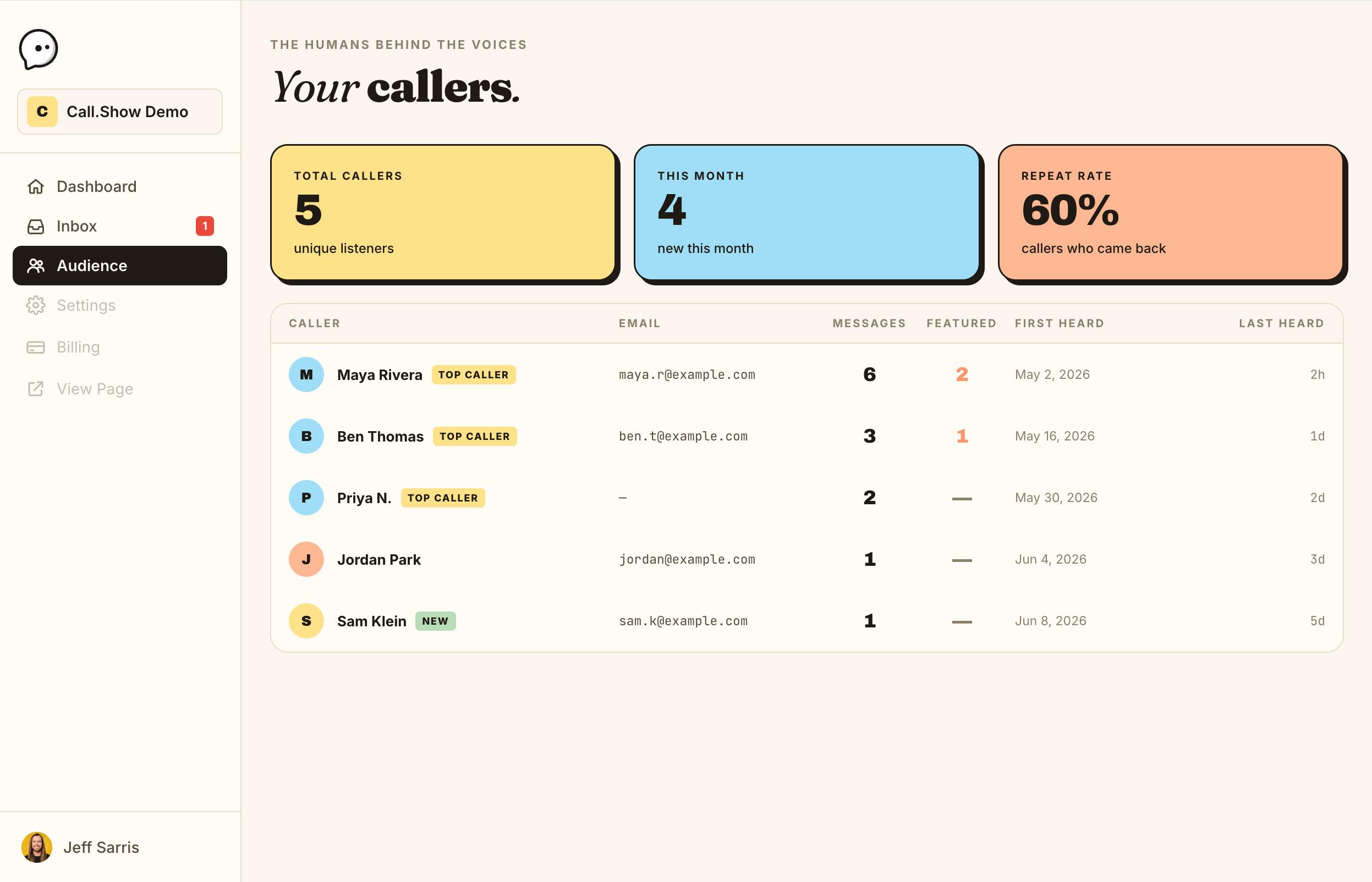 The audience view listing your callers