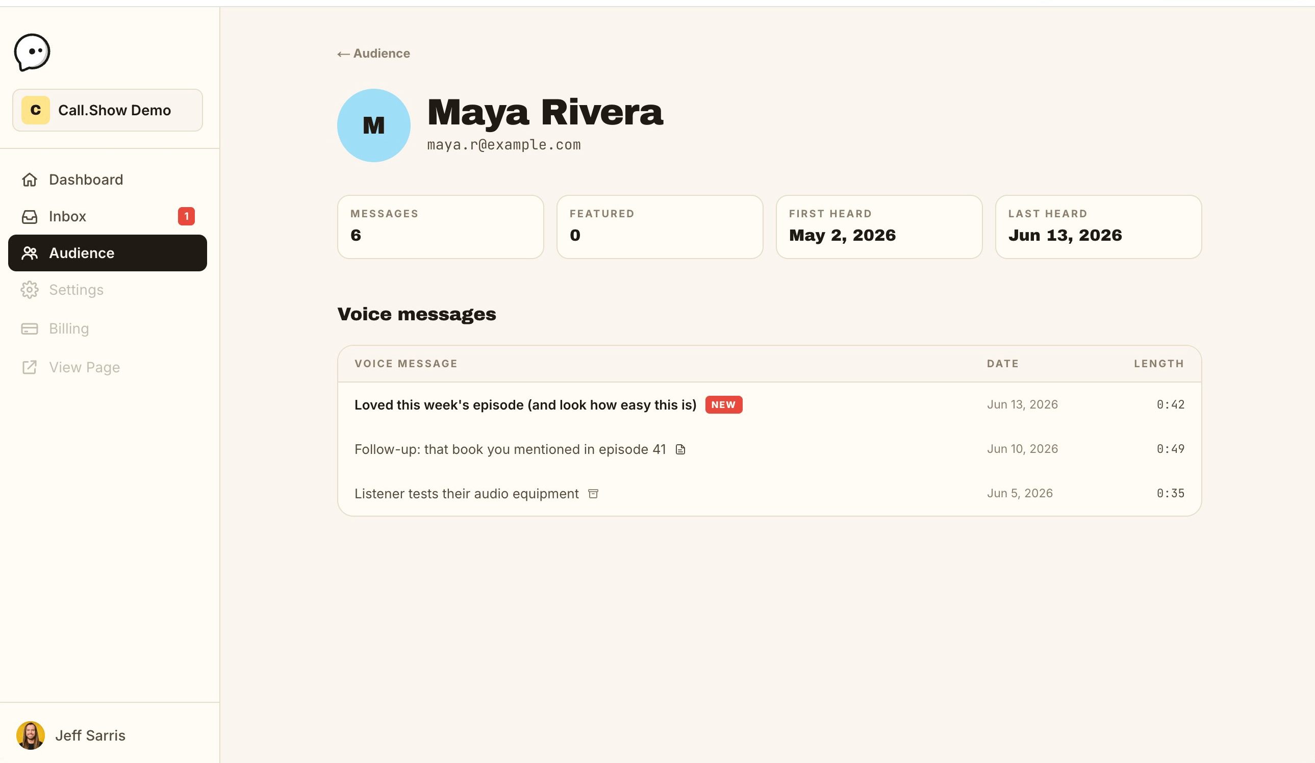 A single caller's profile and message history