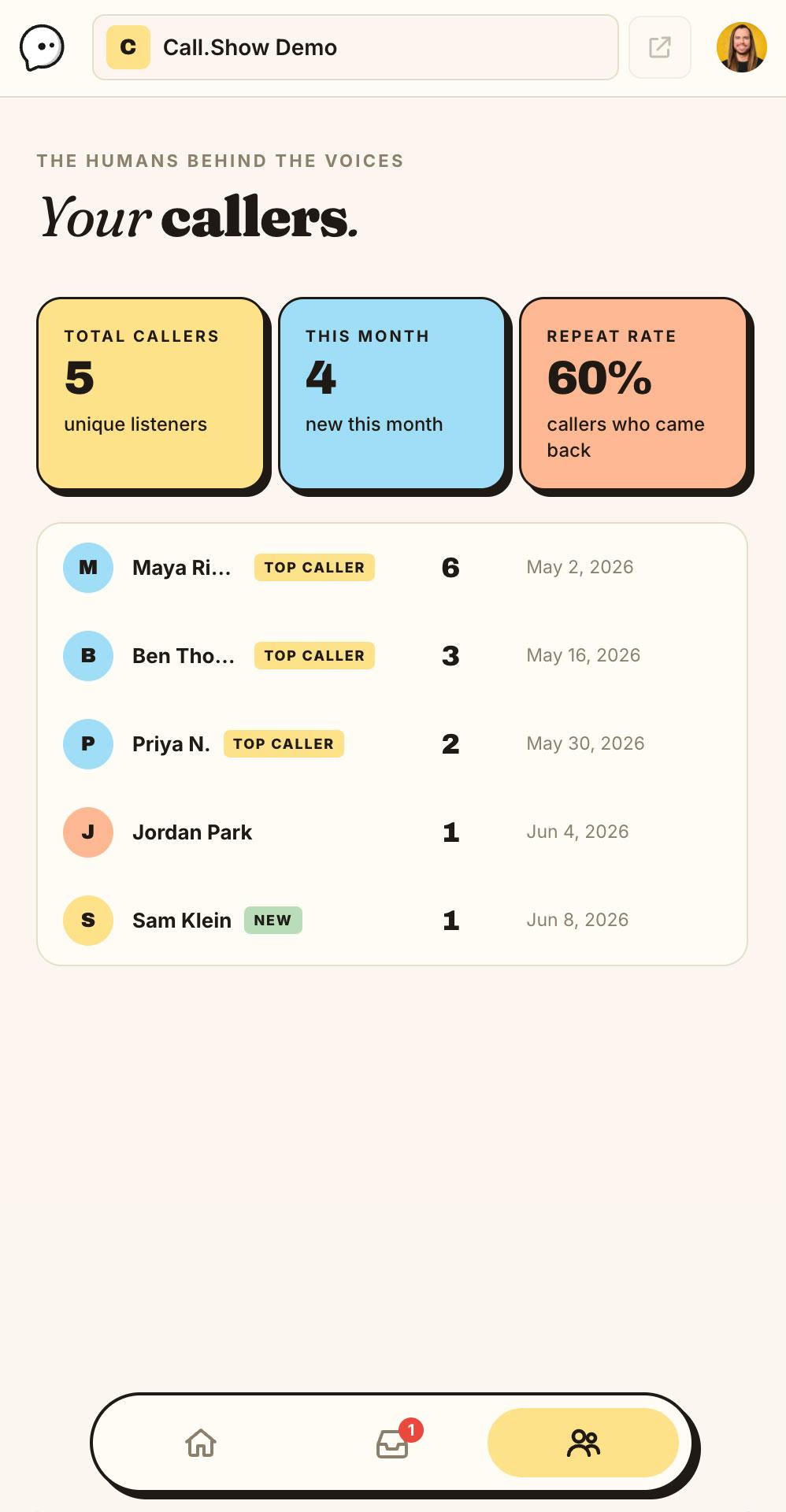 The Call.Show dashboard on a phone
