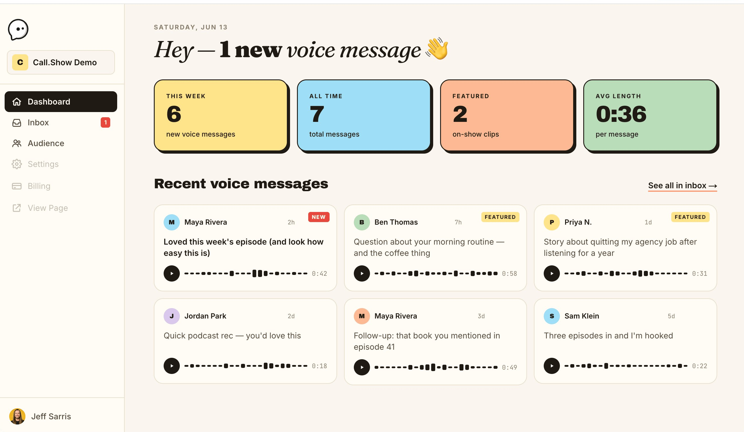The Call.Show host dashboard with listener voice messages in one inbox