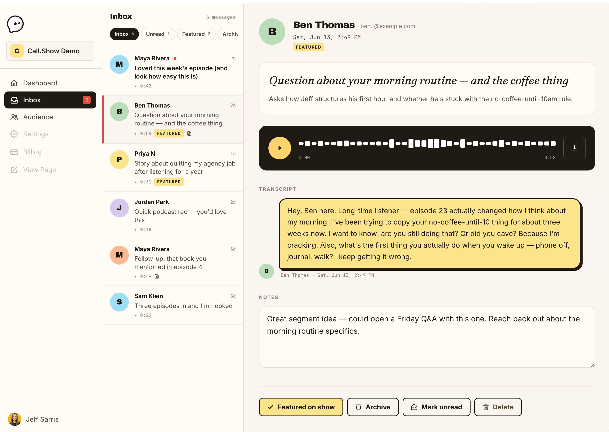 A voice message in Call.Show with its audio, AI transcript, and notes