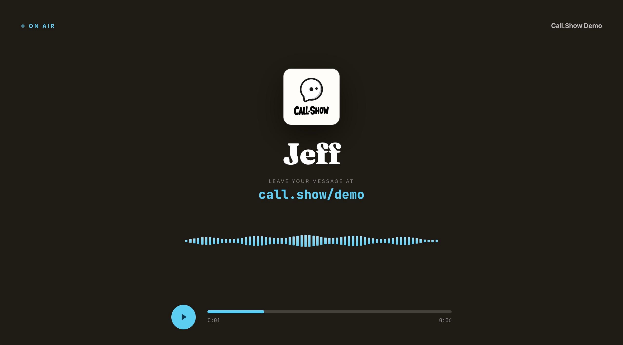 A listener's voice message playing on Call.Show's full-screen visualizer, with the caller's name, cover art, and a live blue waveform